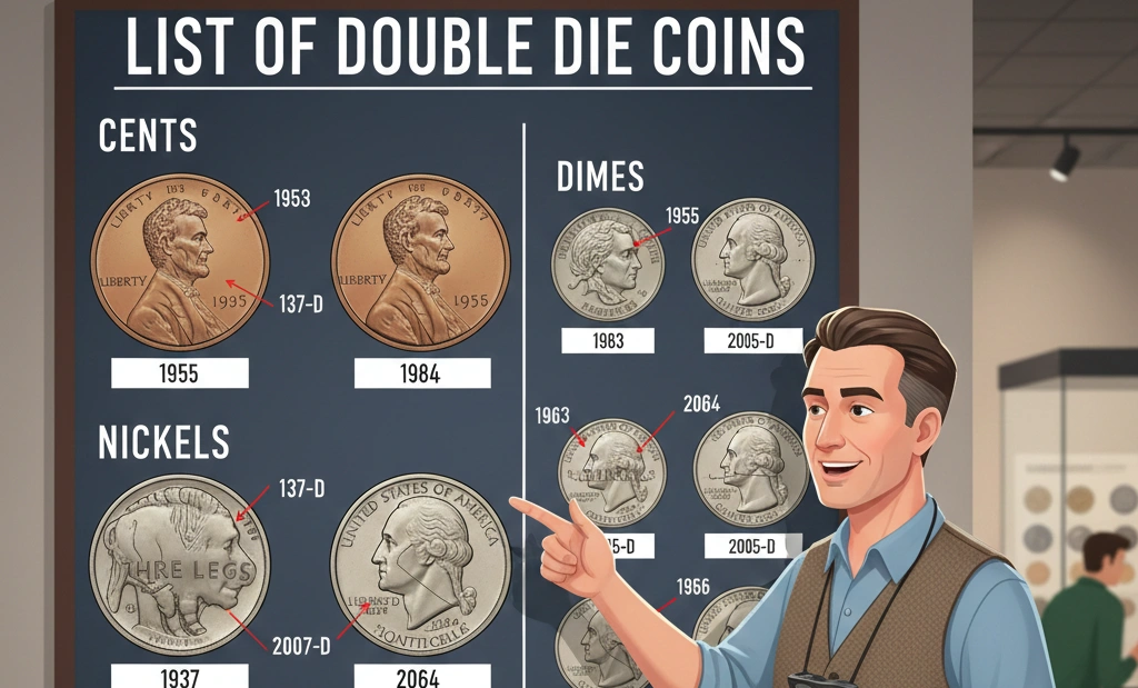  Collector pointing at a wall chart titled “List of Double Die Coins”