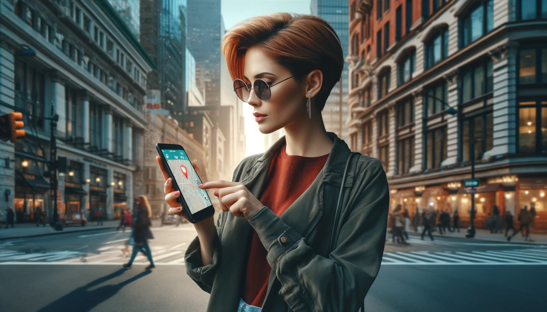 beautiful woman using location tracking app searching to museum on her smartphone