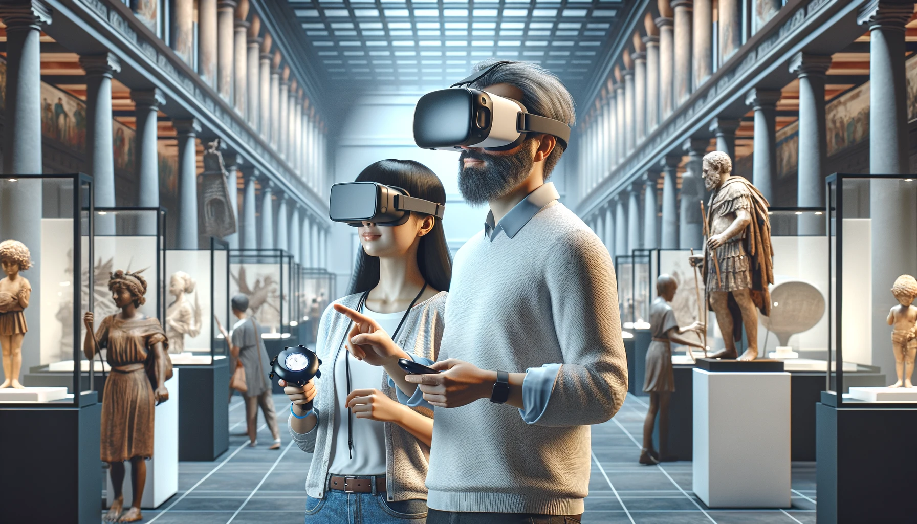 A modern museum scene where visitors are using virtual reality (VR) equipment to enhance their experience