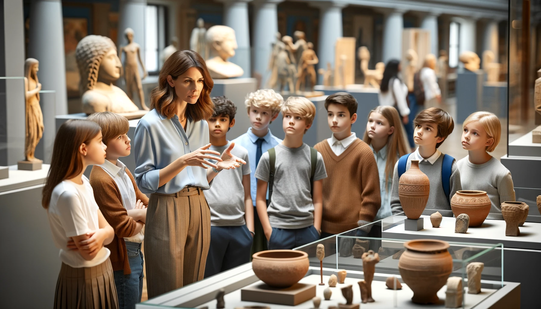 An educational scene in a museum where a teacher and pupils are observing artifacts on display