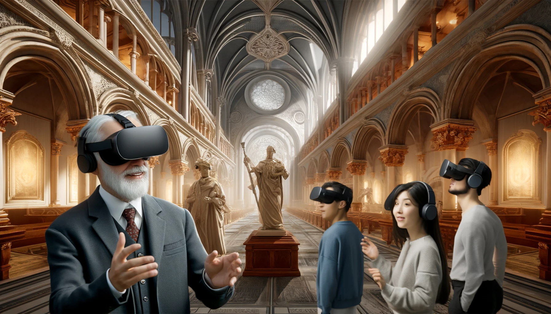 A captivating VR experience scene where visitors are exploring a custom-made, fictional historical landmark