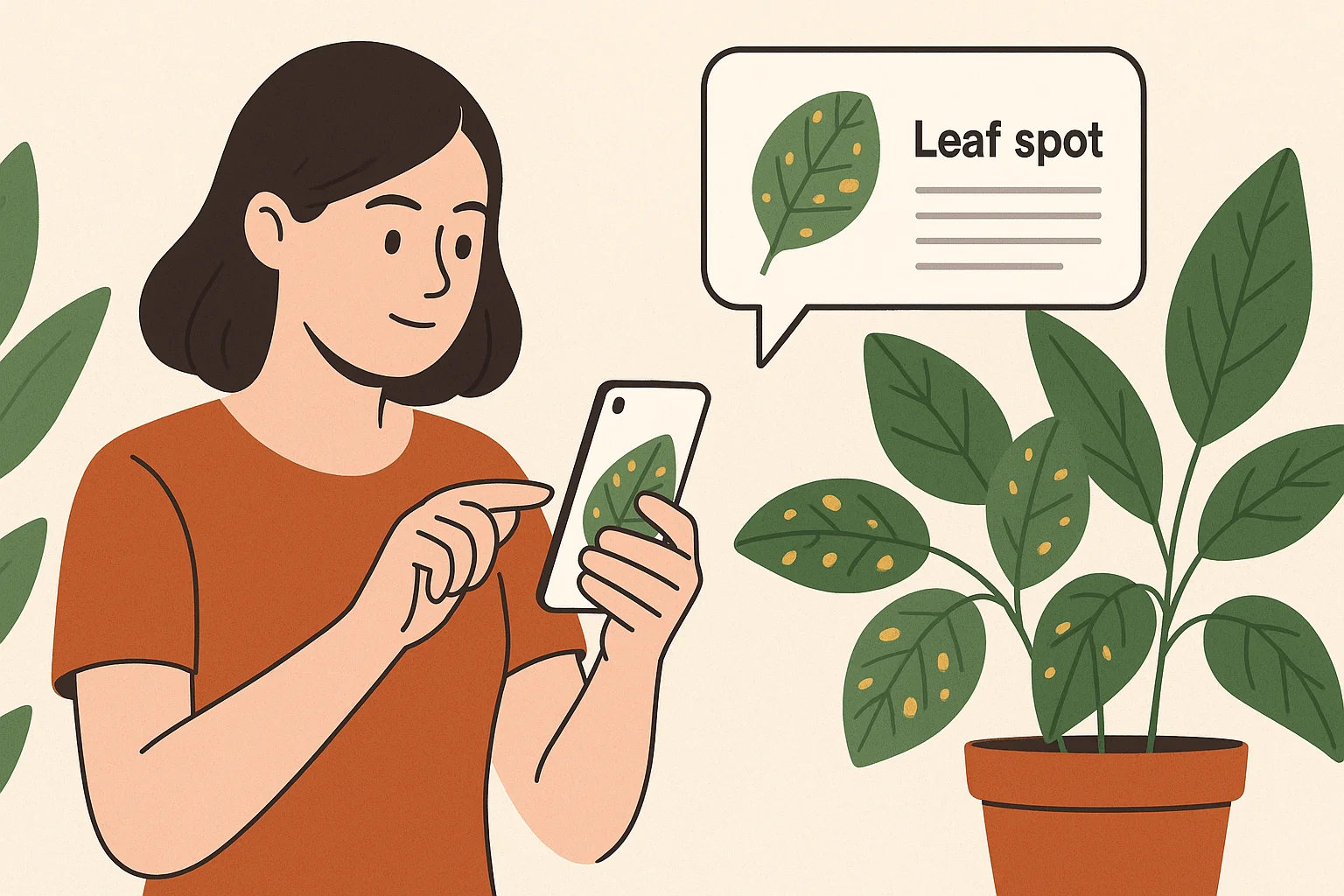 A young woman uses her smartphone to scan a potted plant with yellow-spotted leaves, while a diagnosis bubble above shows “Leaf spot.”