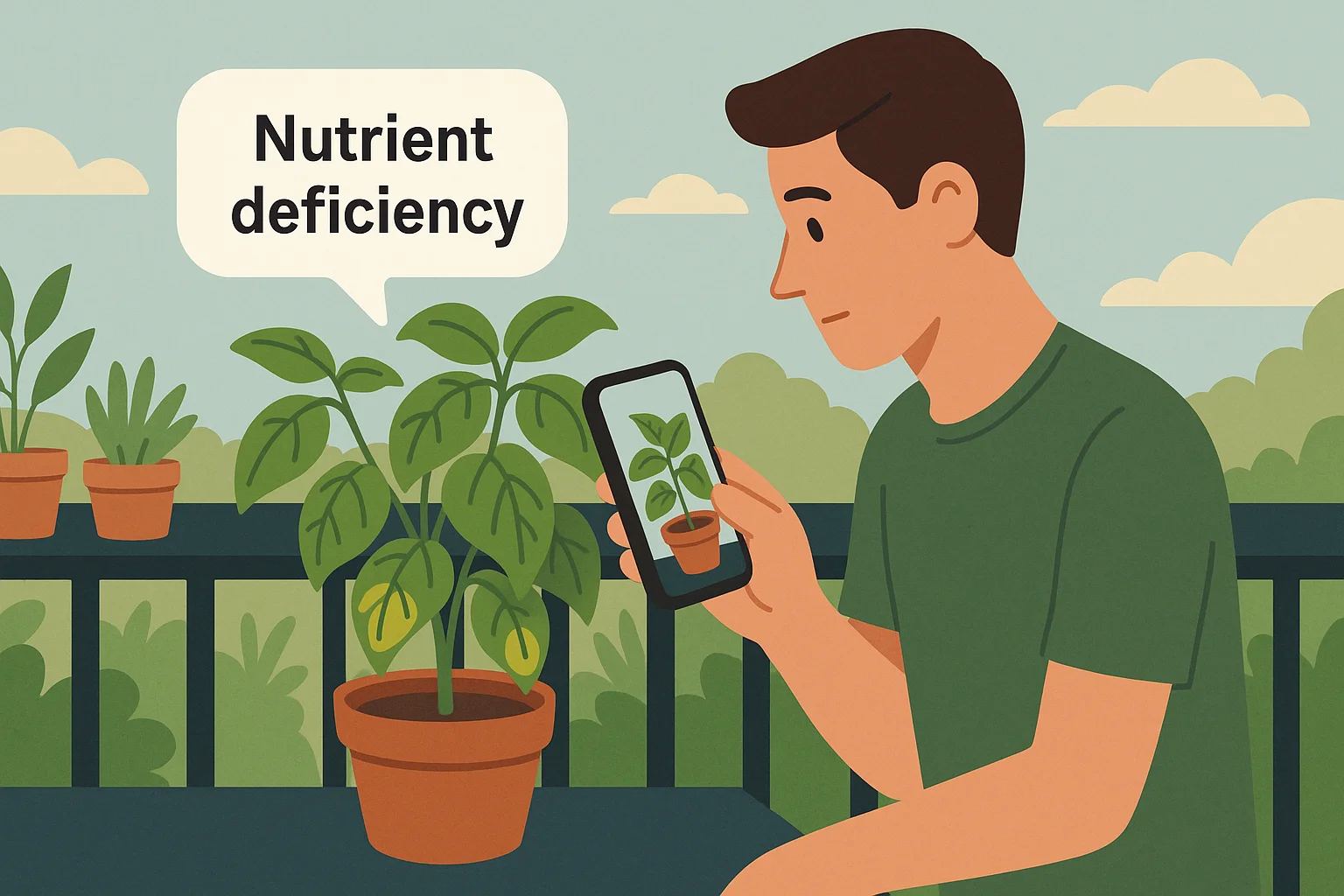 A young man sits on a balcony scanning a basil plant with yellowing leaves on his phone, with a diagnosis bubble showing “Nutrient deficiency.”