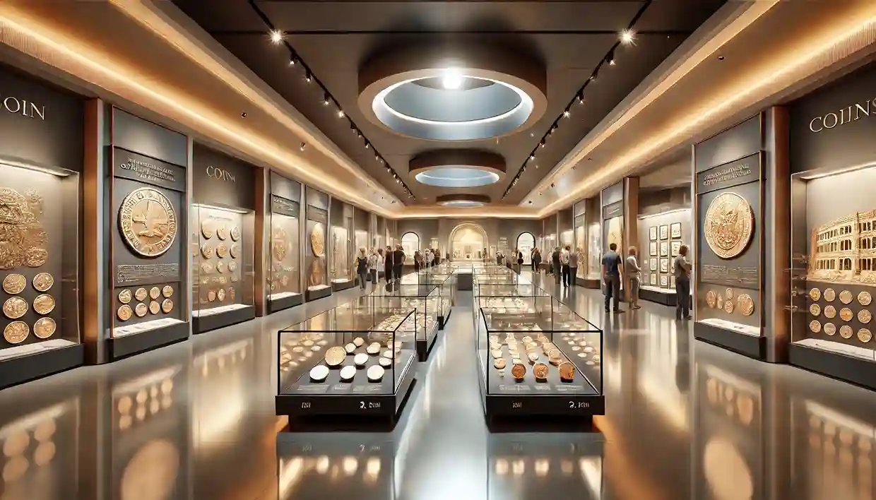a coin museum, showcasing a wide view of the exhibit.