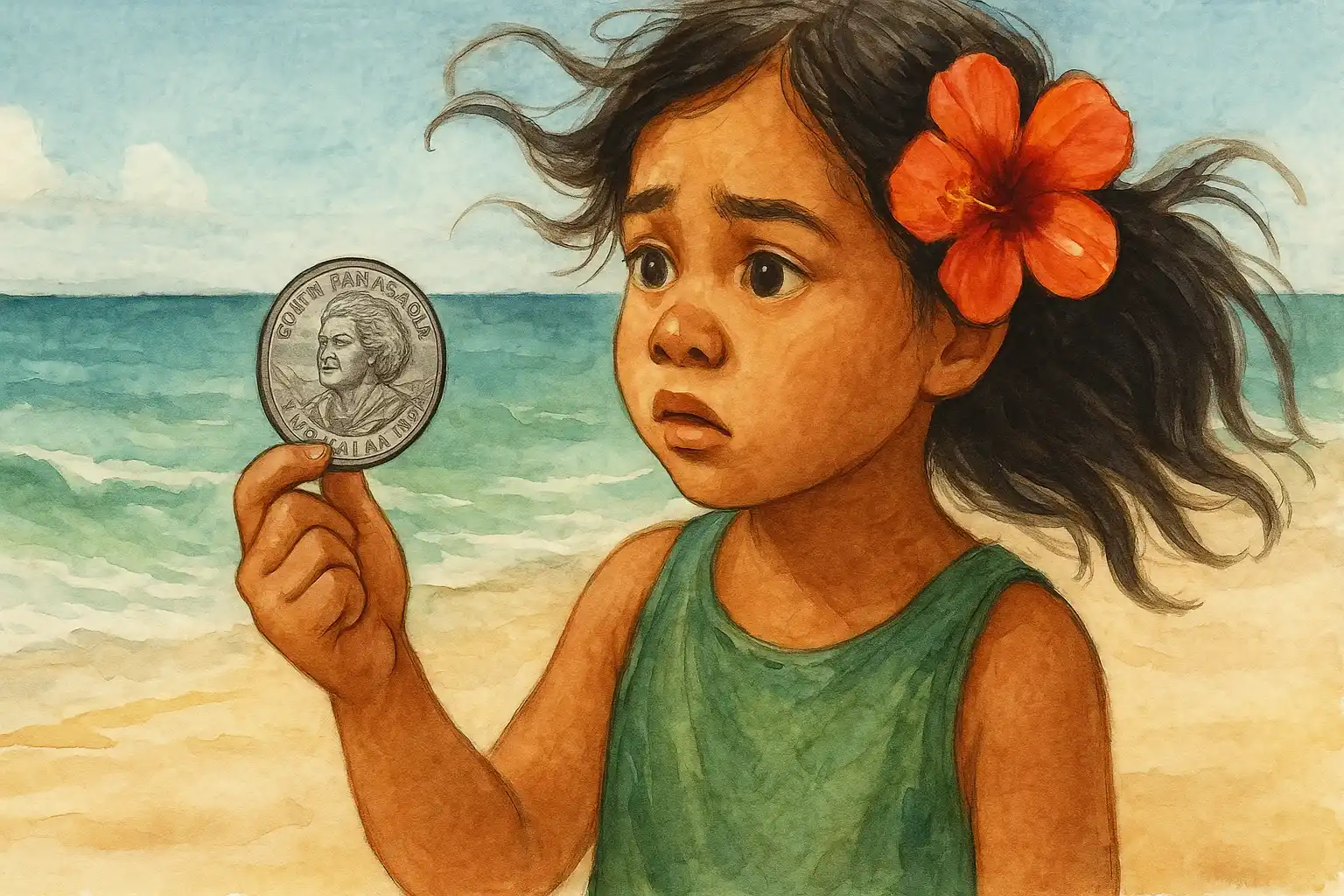 A girl on the beach holds an Edith Kanaka‘ole quarter.