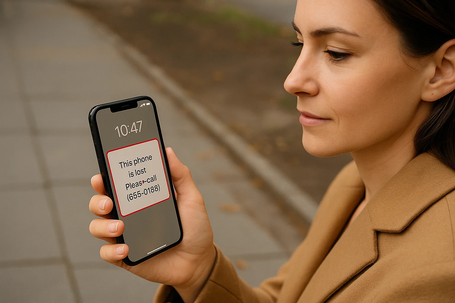 A calm woman holds a found iPhone on the street, reading the Lost Mode message displayed on its screen.