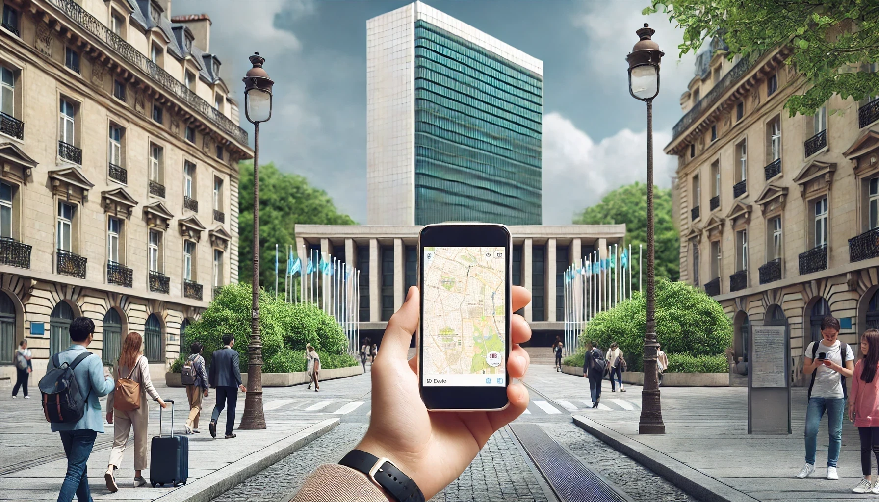 A solo traveler is using a mobile phone with a map on the screen while standing in front of UNESCO Headquarters in Paris, France.