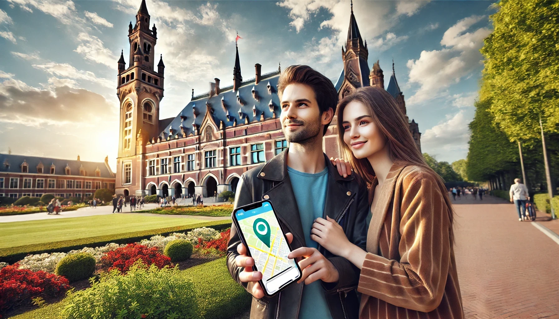 A tourist couple is using a mobile phone with geotag on the screen while standing in front of The Peace Palace in The Hague, Netherlands.